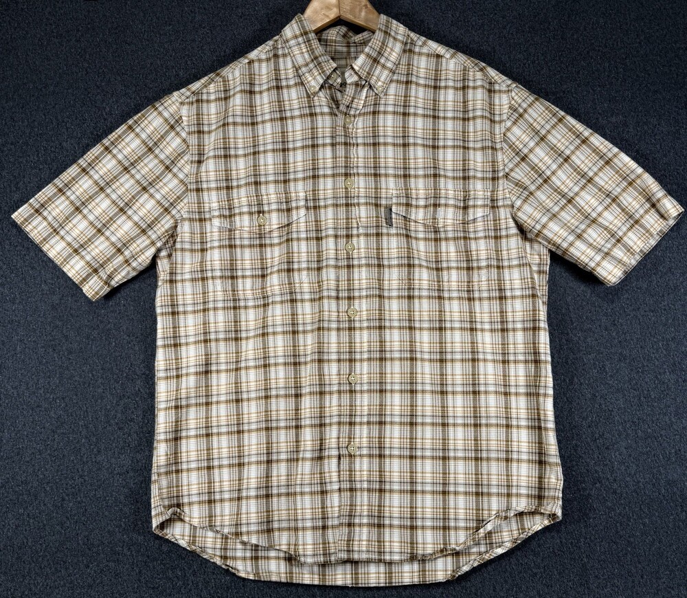 Woolrich Mens Brown Tan Plaid Short Sleeve M Button Down Shirt Chest Pockets